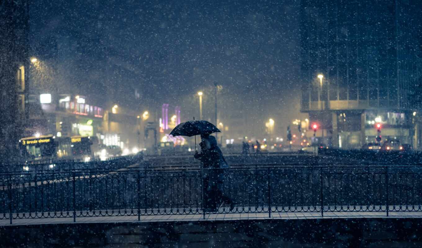 city, night, snow, winter, people, Bridge, cityscape, building, Paris