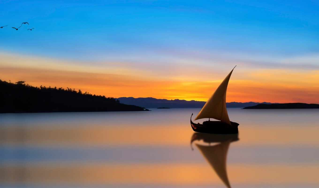 zero, sunrise, reflection, a boat, sail
