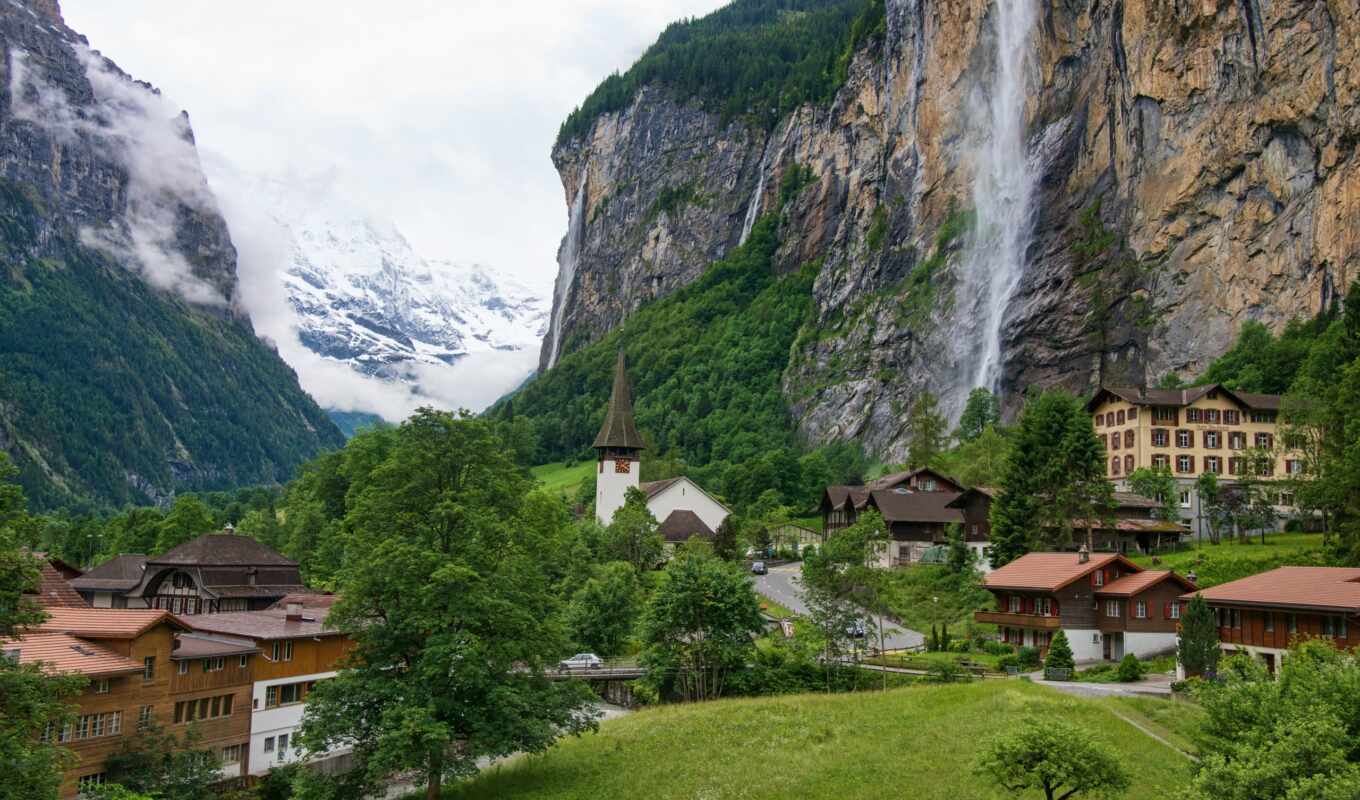 mountains, waterfall, valley, lauterbrunnit, shtaubb