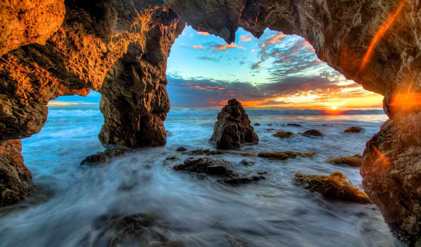 nature, sunset, beach, rock, california, sea, usa, ocean, sunrise, cave, rare