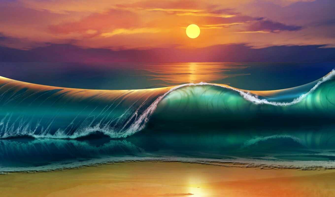 art, desktop, sunset, beach, sea, ocean, waves