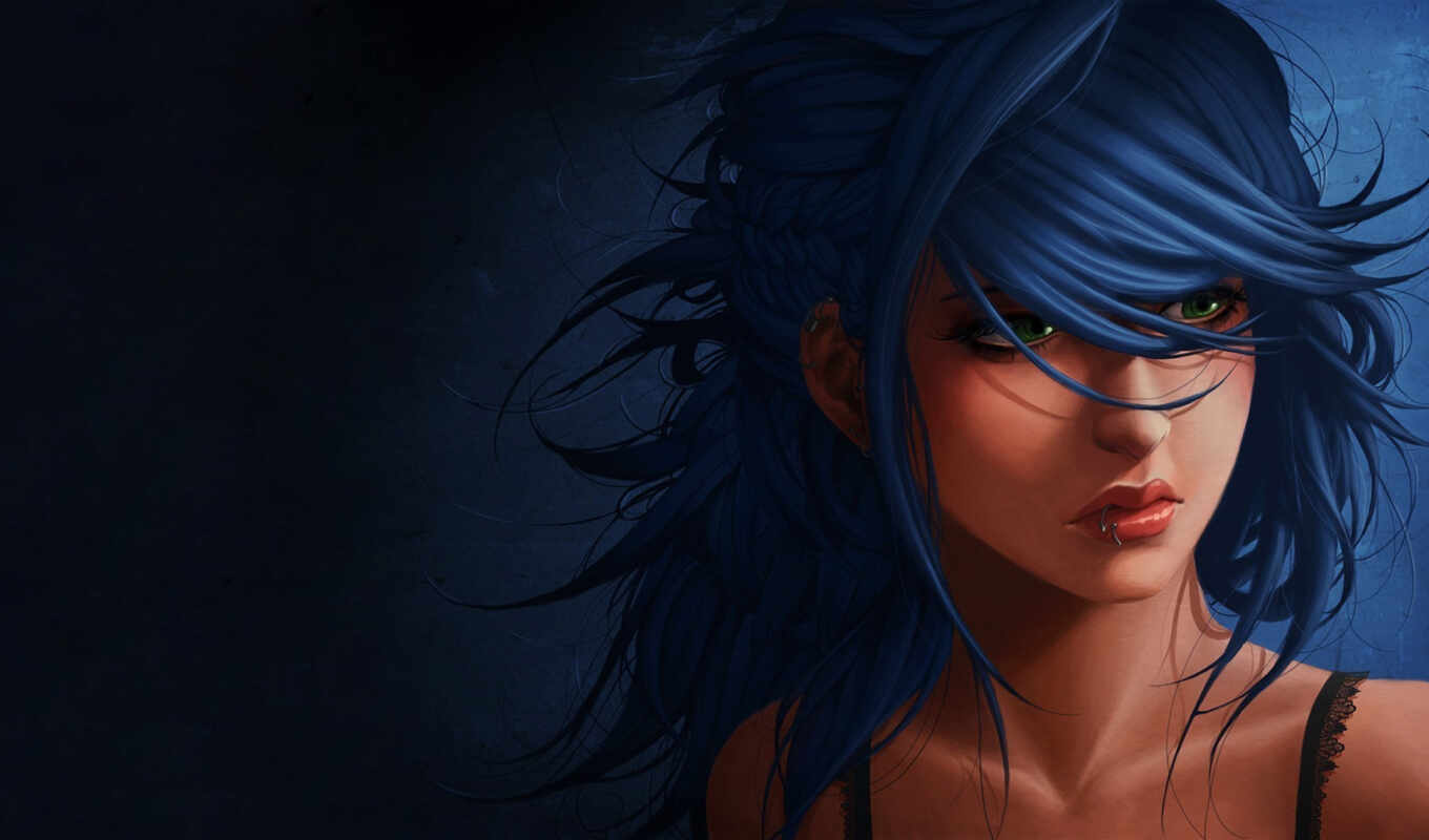 blue, красивые, girl, hair, with, she, пирсинг, fantasy, синие, портрет, грусть