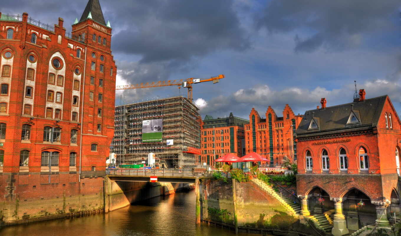 city, road, building, garden, river, german, crane, construction, Hamburg, speicherstadt