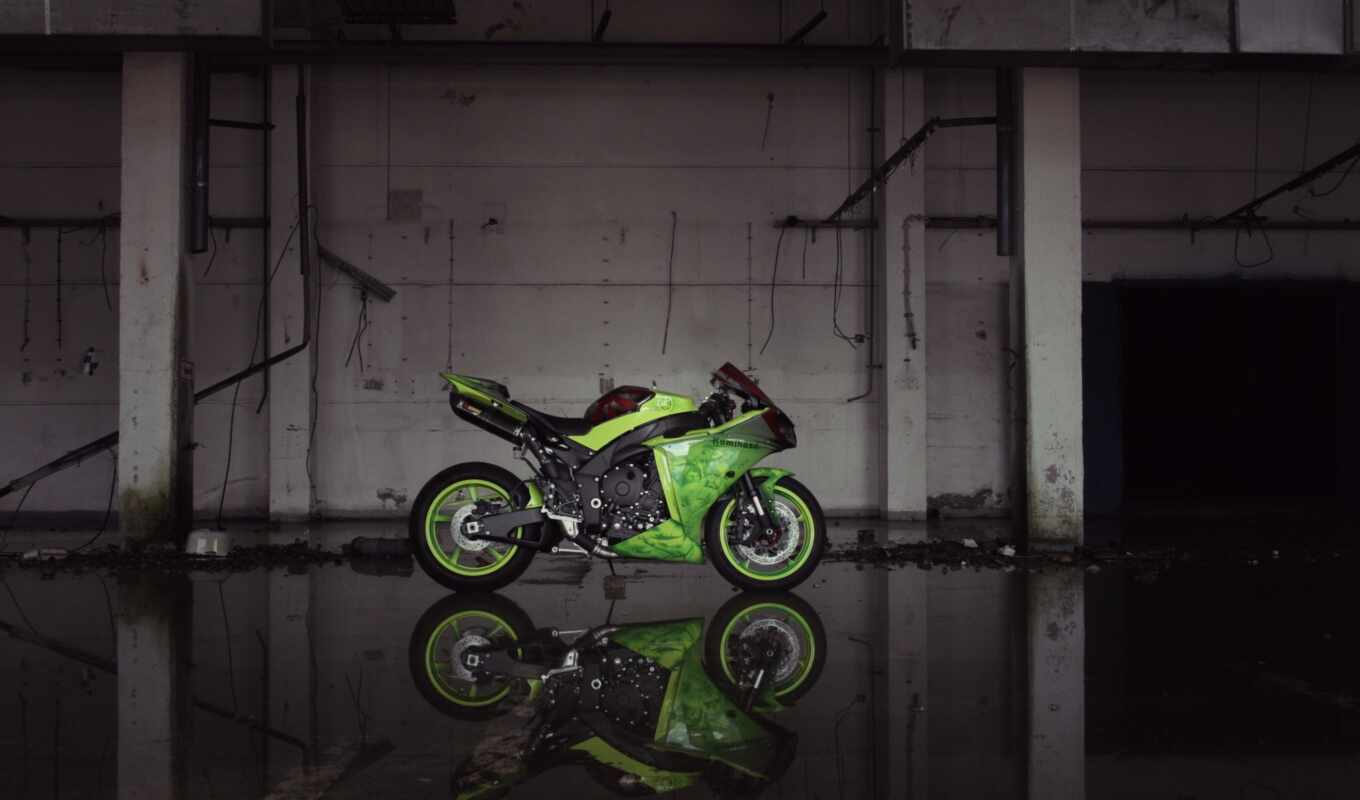мотоцикл, profile, зелёный, building, увеличить, зелёная, yamaha, yzf, bike, alcatel