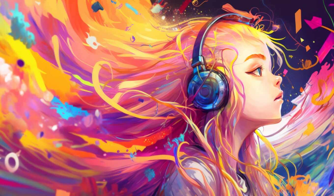 art, headphones, music, woman, illustration, ah