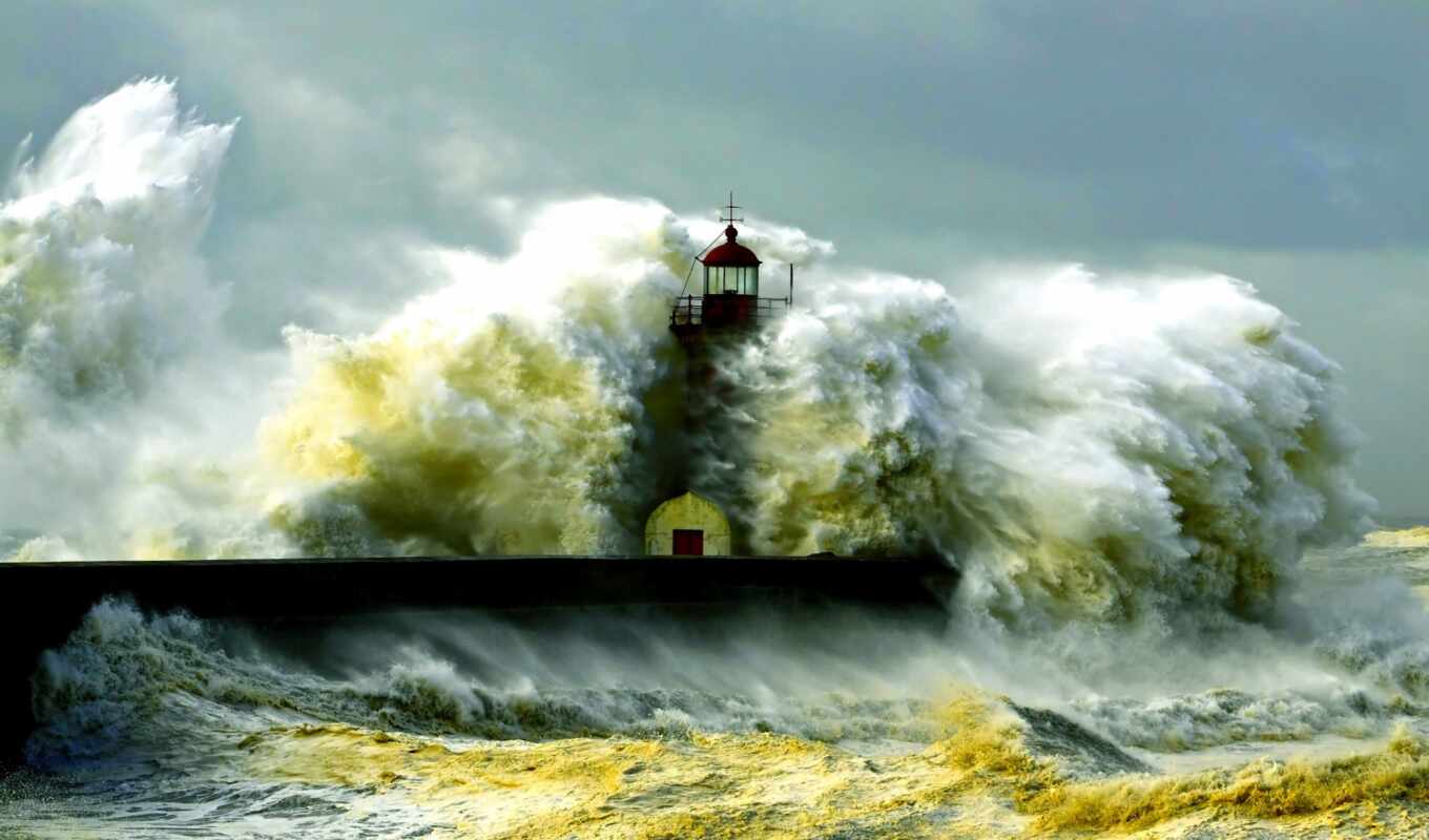 desktop, picture, the waves, landscape, sea, ocean, strong, lighthouse, storm, tsunami, poems