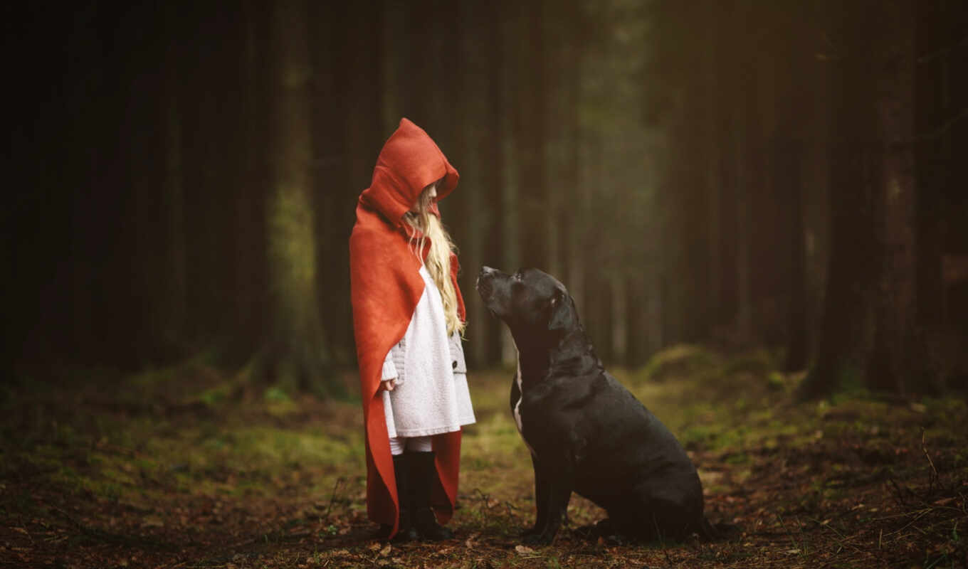 girl, forest, dog