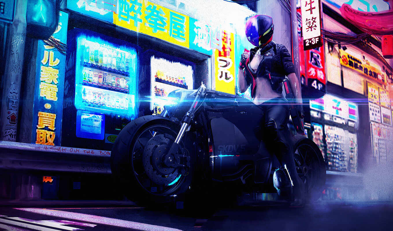 девушка, мотоцикл, cyberpunk