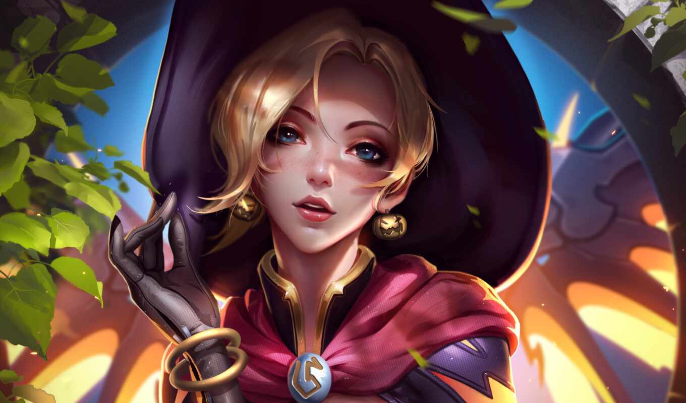 art, game, женщина, фон, anime, gallery, witch, mercy, overwatch, liang