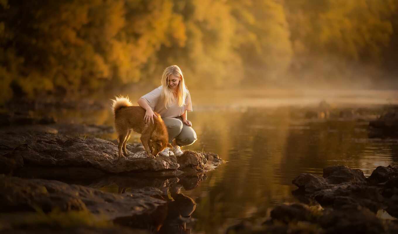 girl, woman, smile, dog, autumn