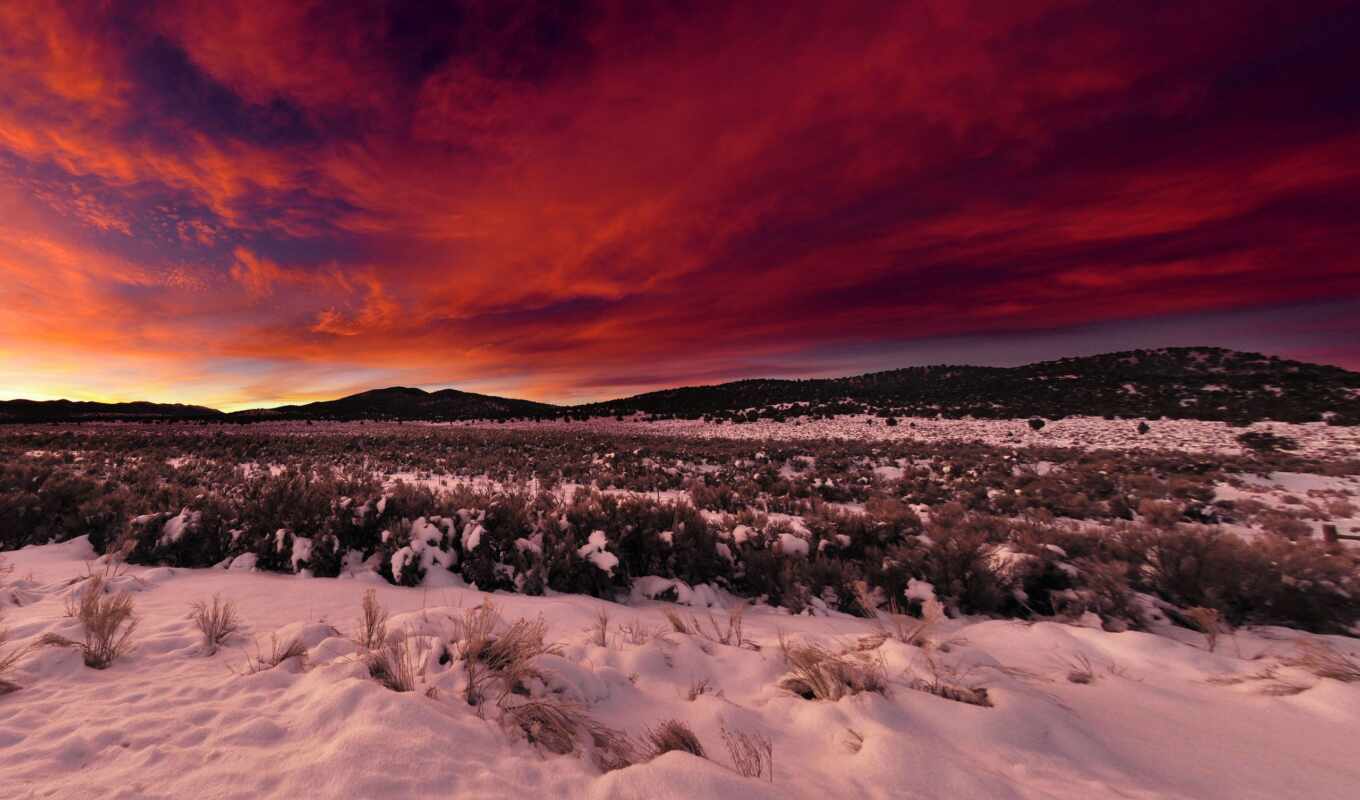 sky, sunset, snow, winter, mountain, field, landscape, panorama, rising, cloud