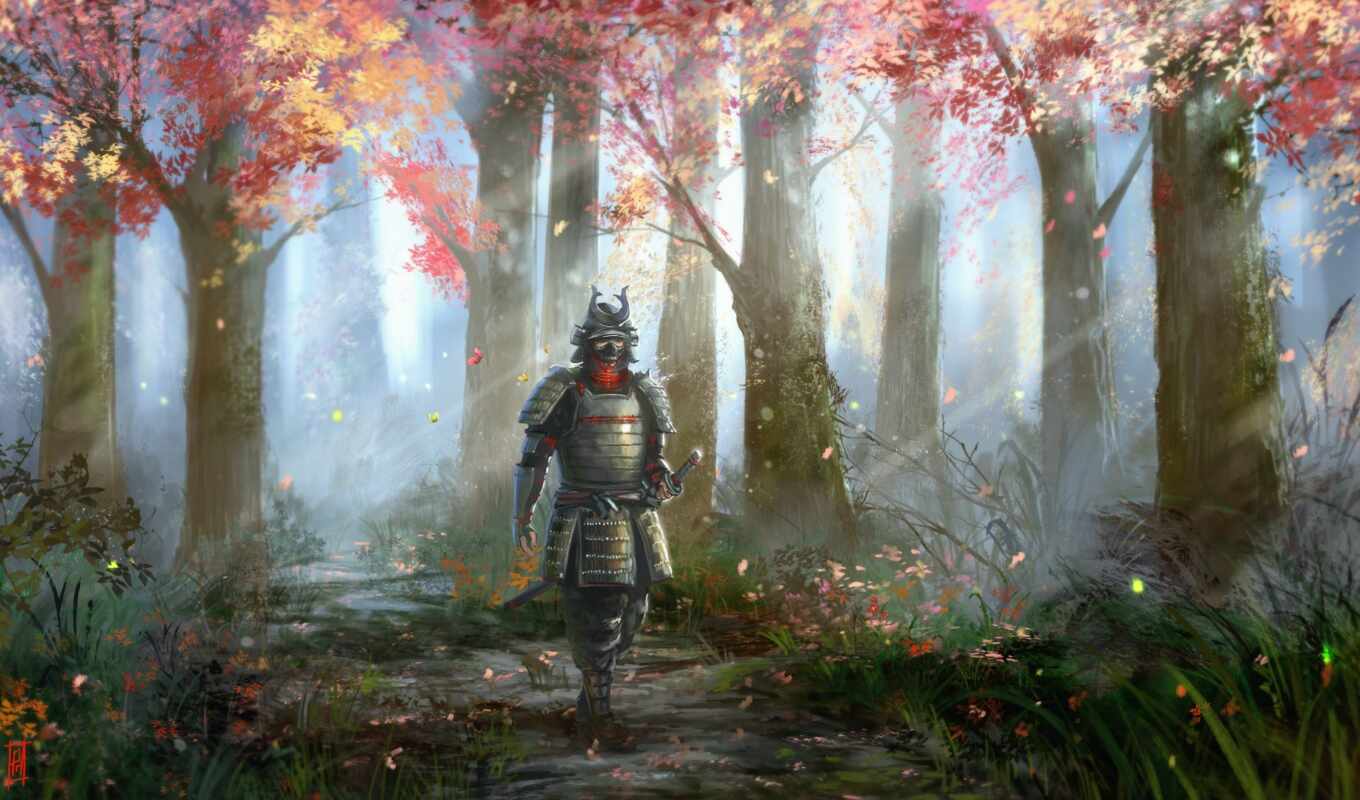 art, background, tree, warrior, samurai, armor, sword, fantasy, artwork, Japan, fore