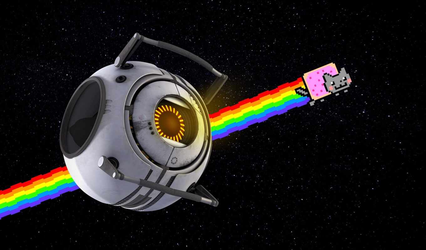game, a computer, rainbow, nyan, cat, space, portal, star, positive, humor, spacecraft