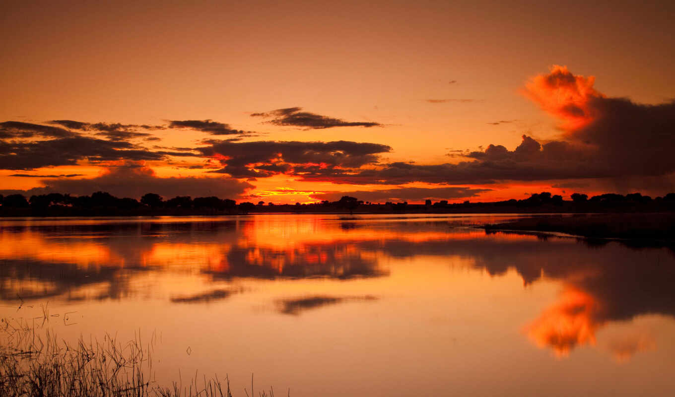 озеро, природа, закат, оранжевый, отражение
