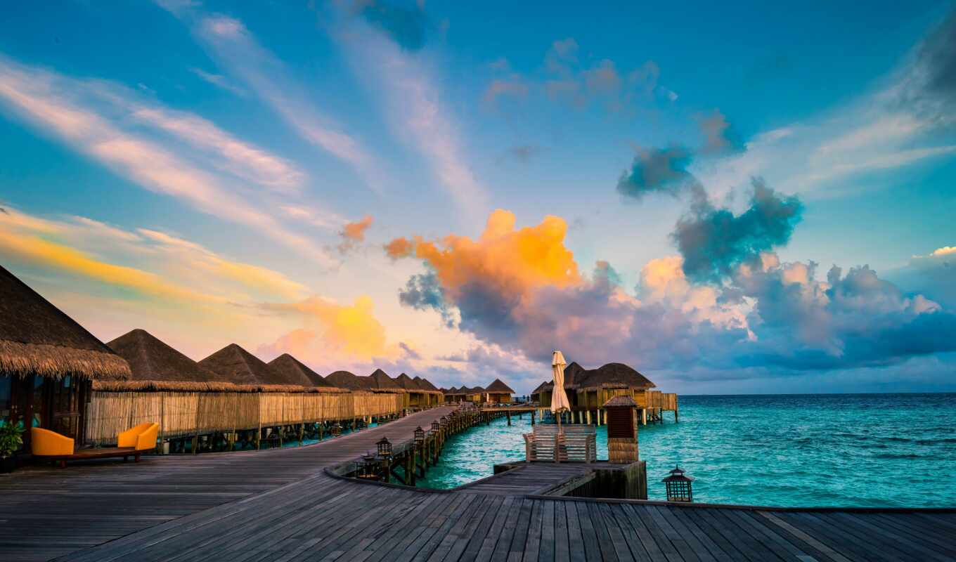 sunset, sea, maldives, tall, bungal