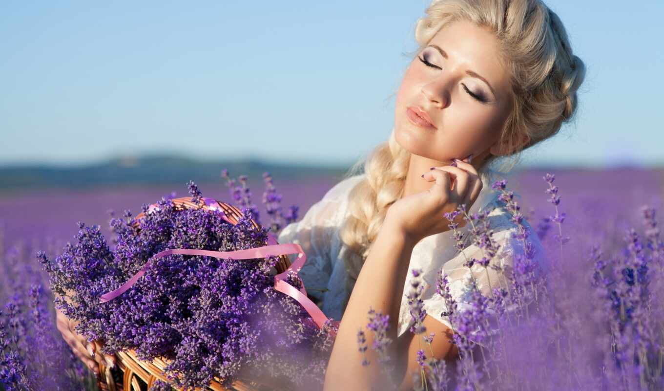 nature, girl, blonde, field, lavender, makeup, devushki, hairstyle, lavender