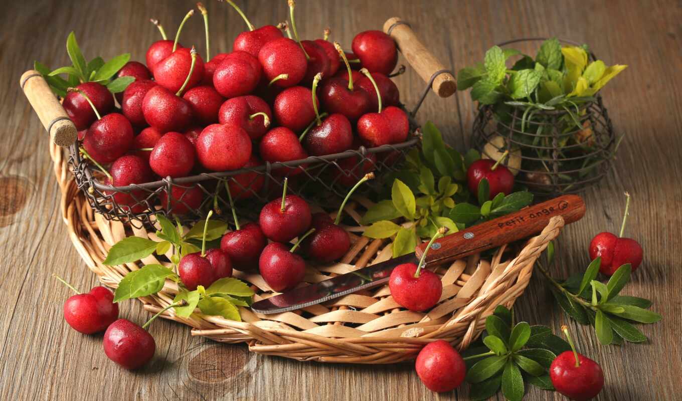 cherry, basket, mint, leaf, berry, myat