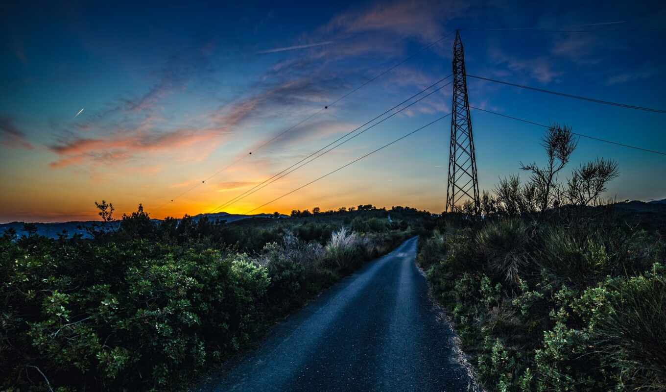 sunset, road, country