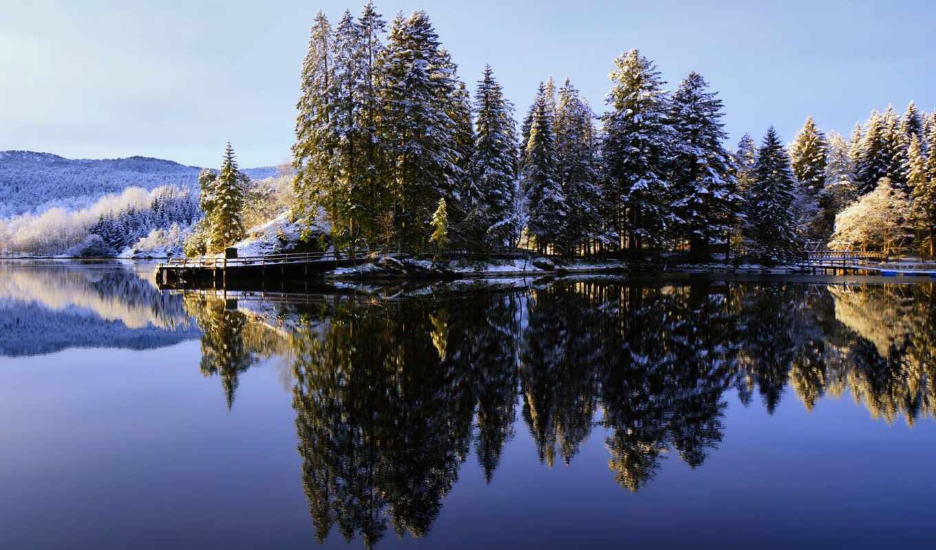 lake, nature, sky, winter, forest, reflection