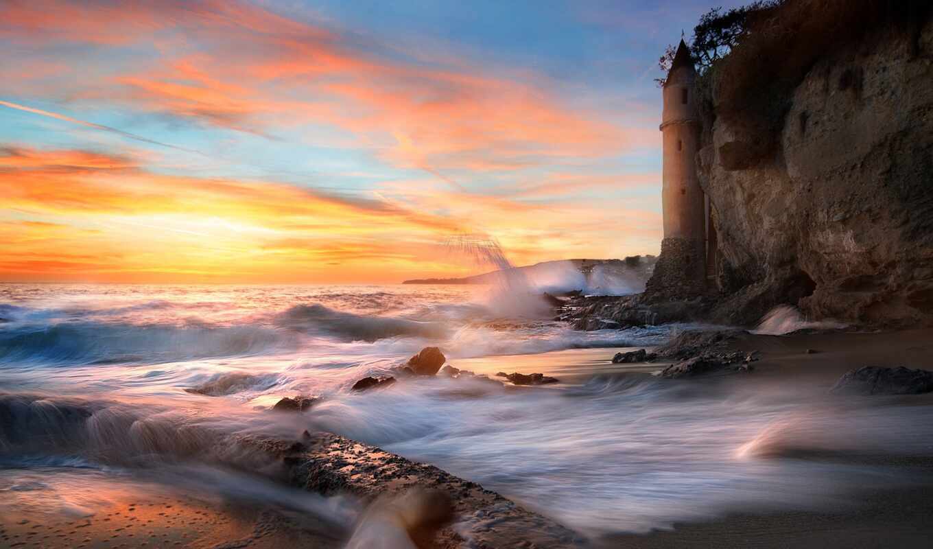 nature, sunset, sandbox, rock, landscape, california, sea, cloud, coastline