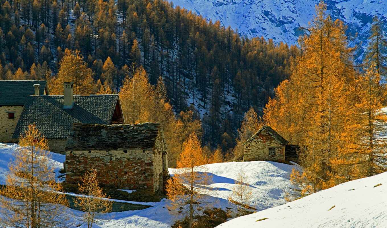 house, background, snow, mountain, autumn, mountain