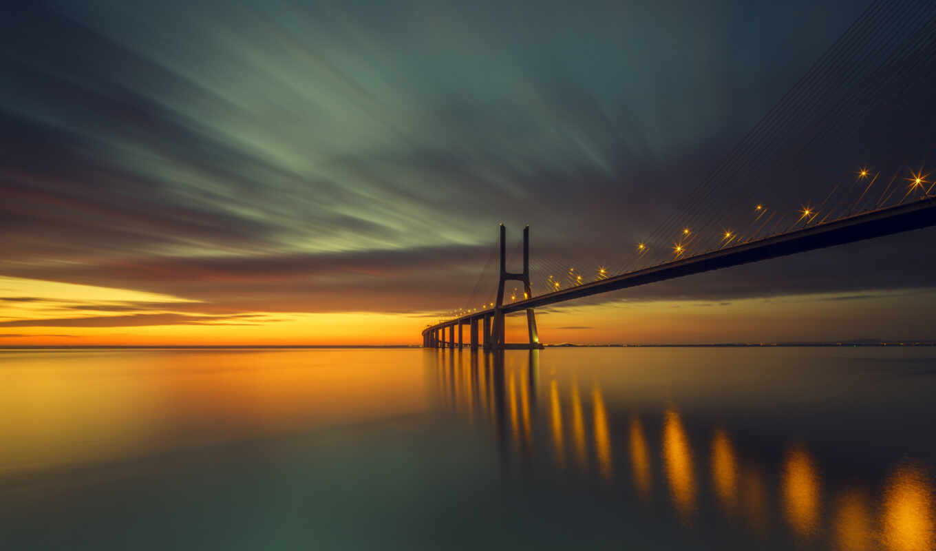 sunset, Bridge, river, portugal, lisbon, gama, vasco