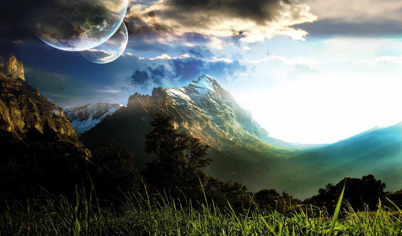 space, planets, mountains