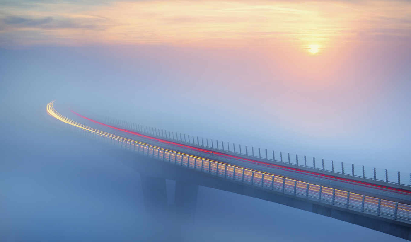 ipad, sun, Bridge, fog, mist, traffic, construction, lapse