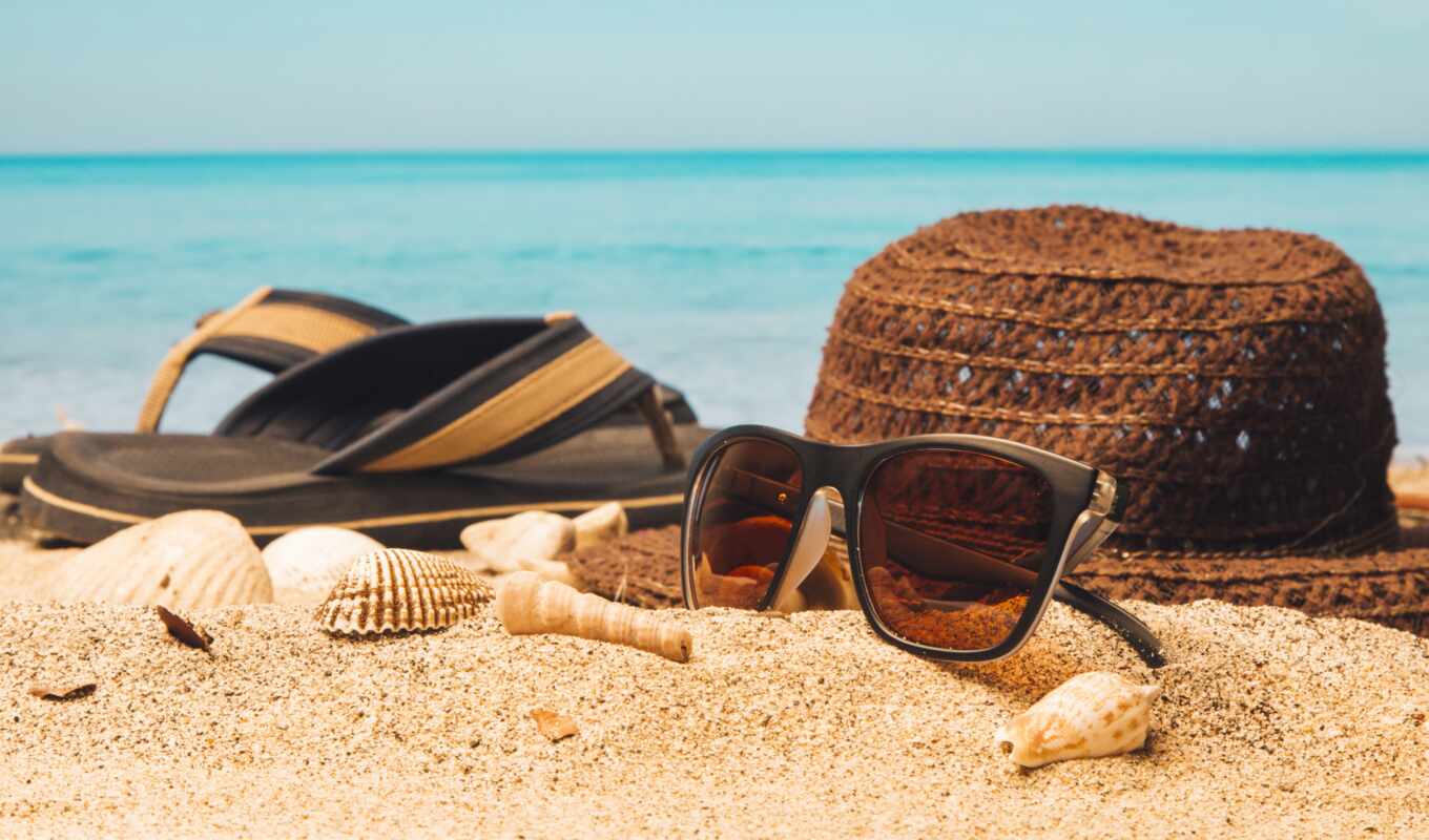 шляпа, summer, пляж, песок, солнцезащитные очки, flip, flop, freepikpage