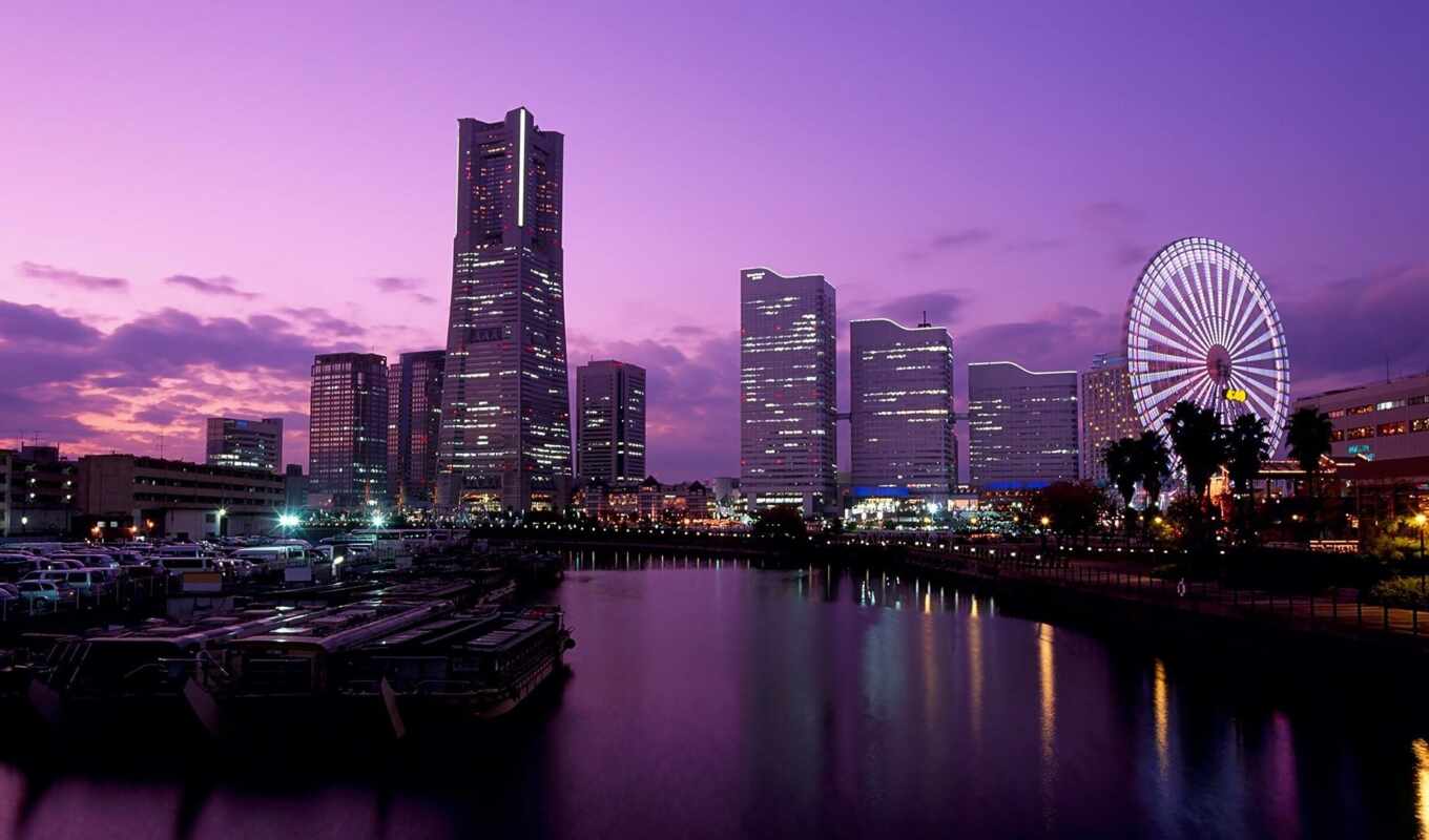 purple, город, cityscape, колесо, tokyo, япония, обозрения, yokohama