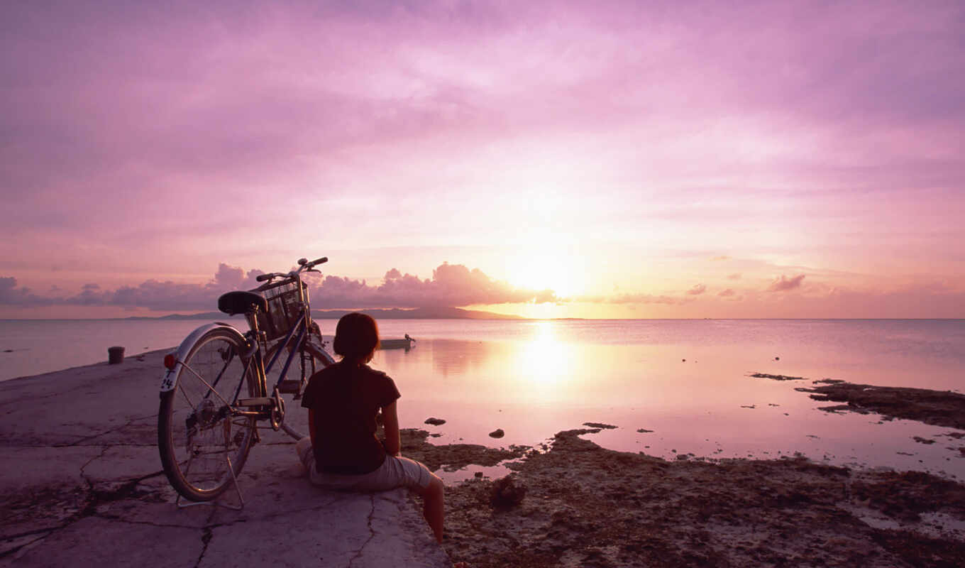 sky, girl, sunset, sea, seas, bike, devushki, bicycle