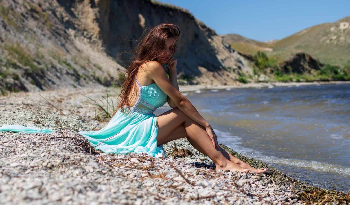 woman, beach, hair, brunette, model, dress, long, beautiful, sit, outdoors, barefoot