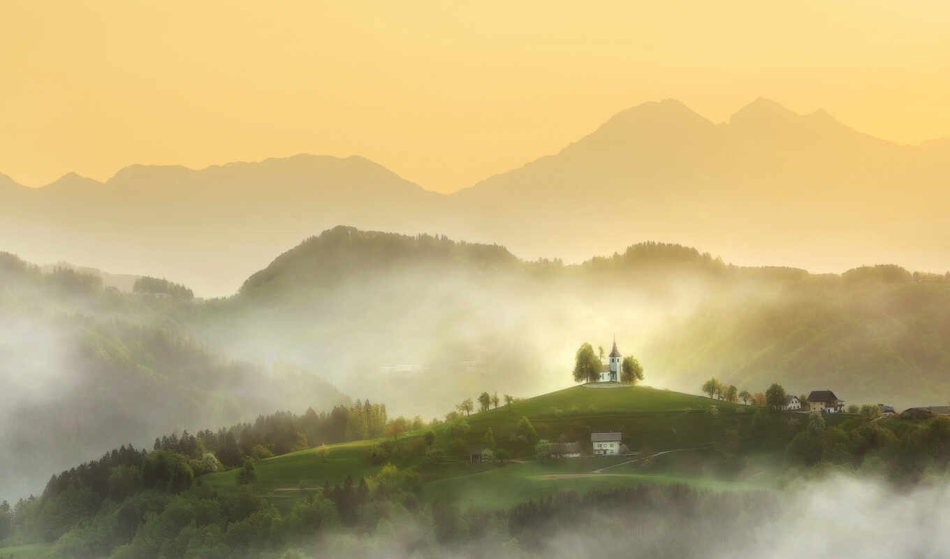 photo, mountain, landscape, Thomas, fog, Saint, adobe, church, slovenia, amaze