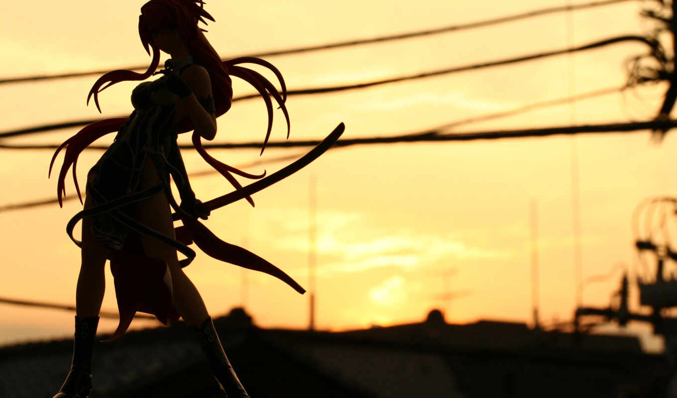 girl, sunset, road, sword, a shadow, katana, ribbons