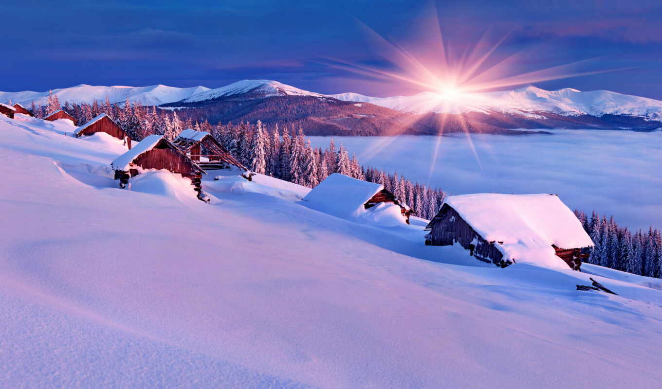 nature, sky, house, snow, winter, mountain, landscape