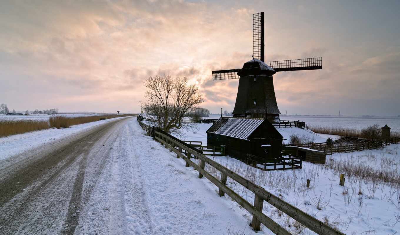 sunset, snow, road, mill, windmill