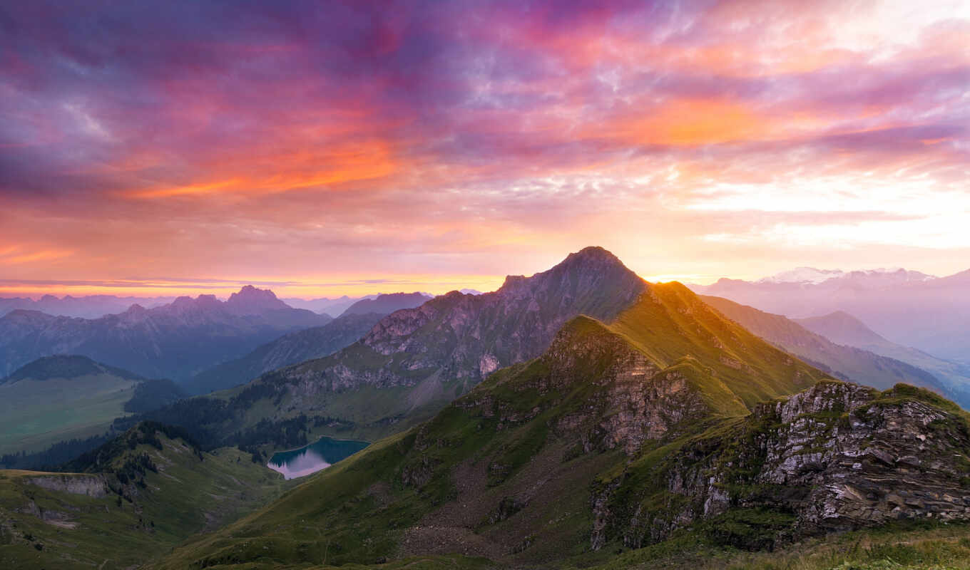 nature, sunset, mountain, landscape, scenery, Switzerland, the alps, nature, alpe, overview, nice
