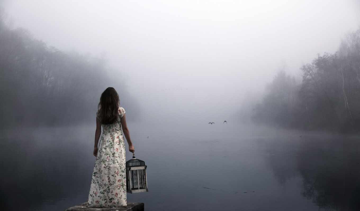 lake, girl, bird, cage, mood, fog