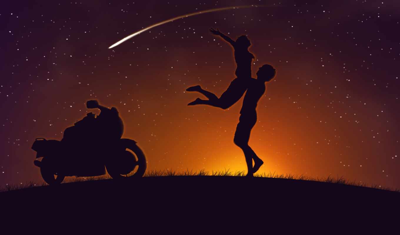 girl, love, bike, sunset, guy, star