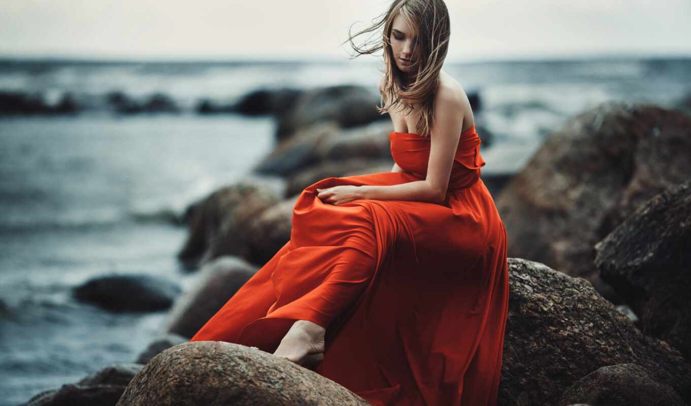 girl, sits, dress, beautiful, red, stone, long