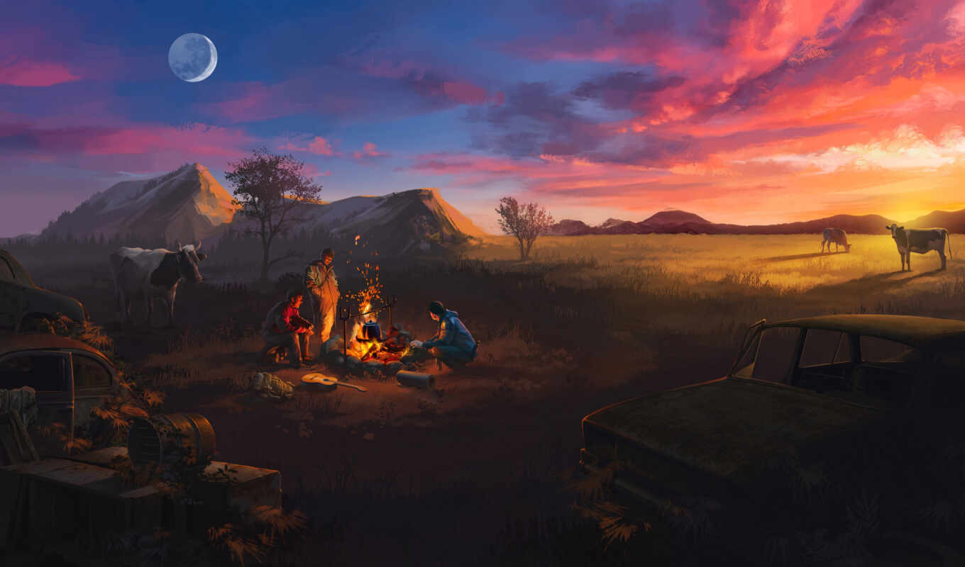 background, sunset, guitar, fireplace, fire, screen, fund, camp, id, atom, fog