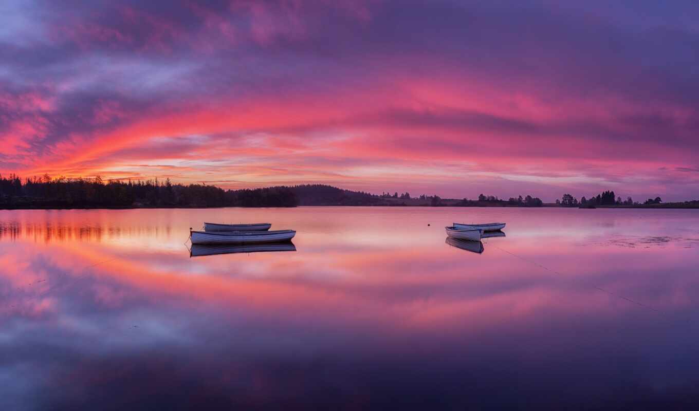 lake, sunrise, a boat, Scotland, scotia, hole, lomond, trosach