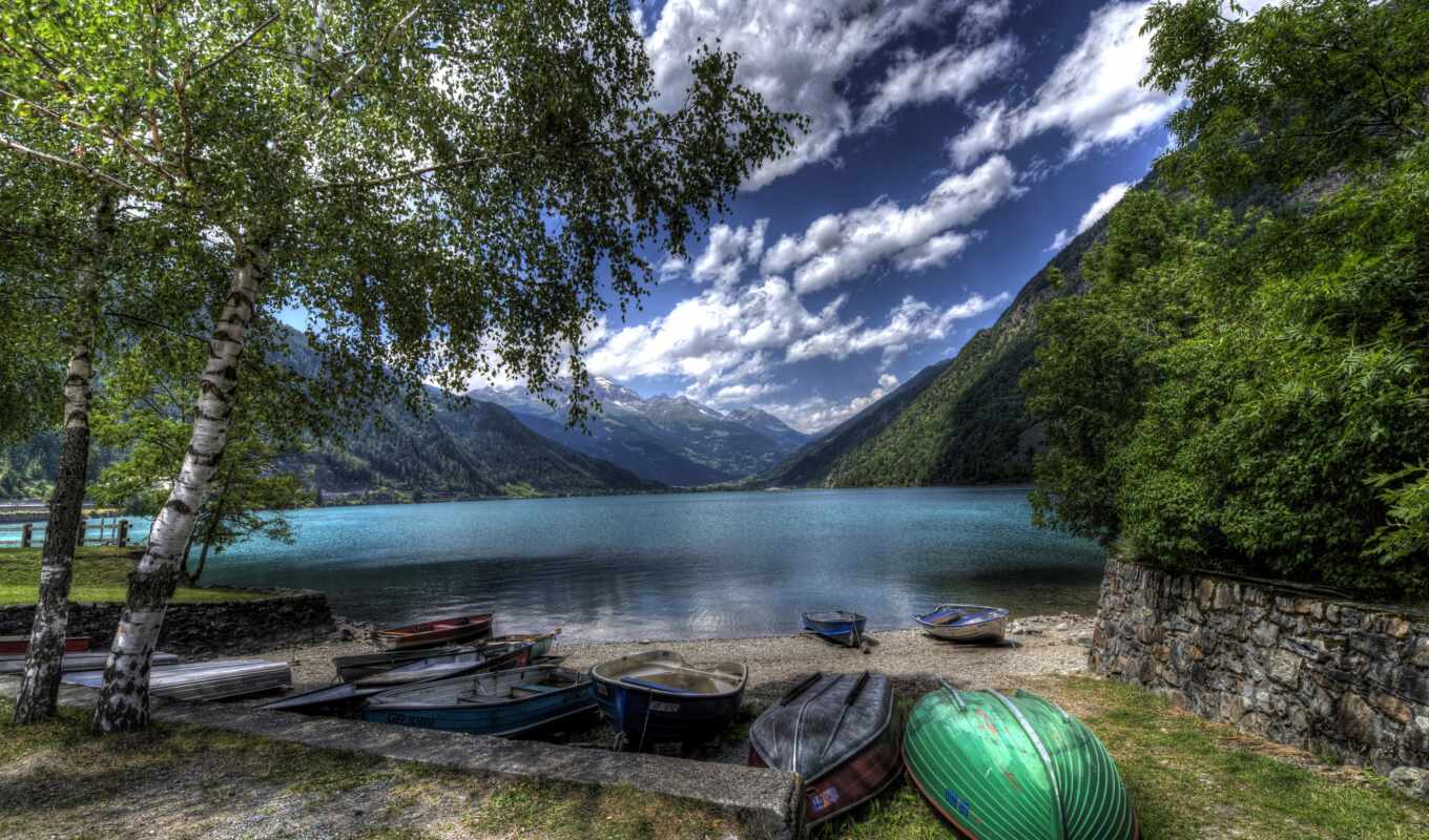 озеро, гора, лодка, швейцария