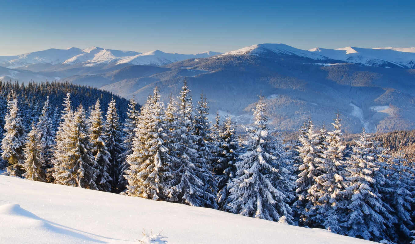 природа, свечение, снег, рассвет, winter, лес, oblaka, горы