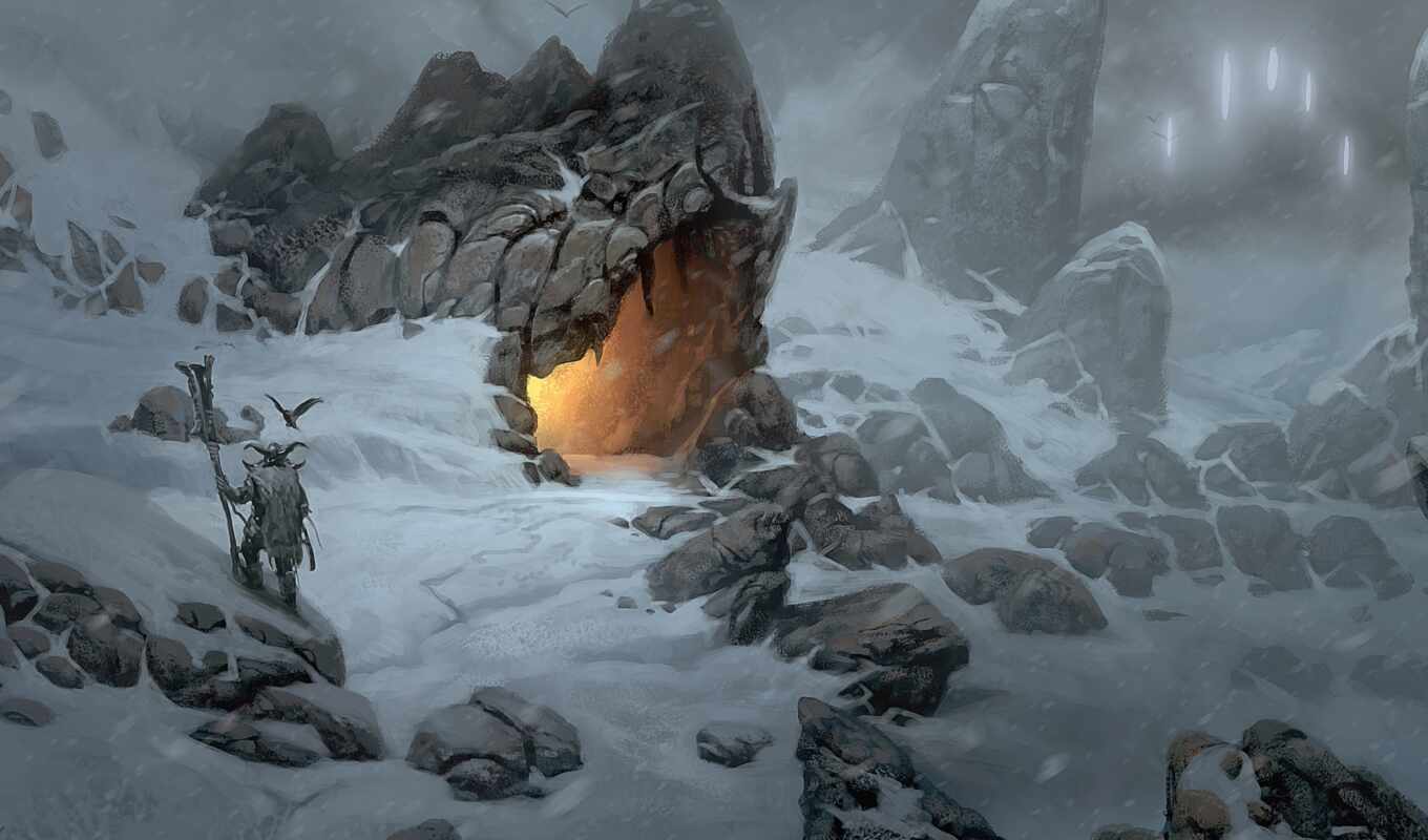 art, снег, огонь, пещера, viking, горы