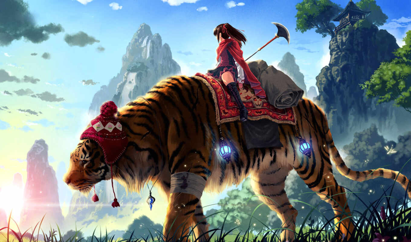 девушка, anime, тигр