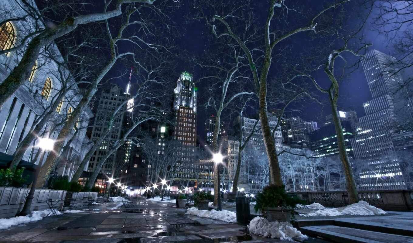 city, night, snow, winter, new, fire, york, bench, high - rise buildings, citizen