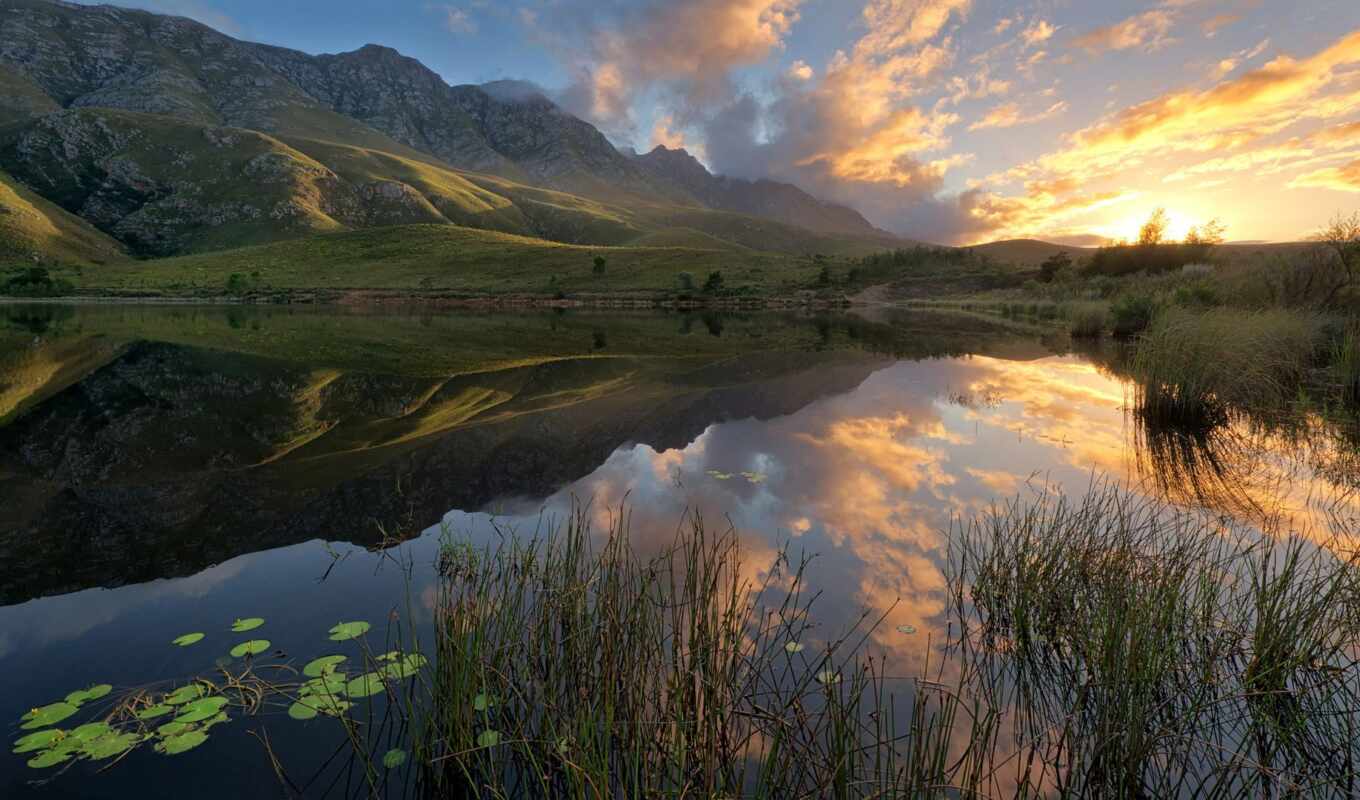 lake, background, picture, mountain, sunrise, mountains, reflection, Africa, south