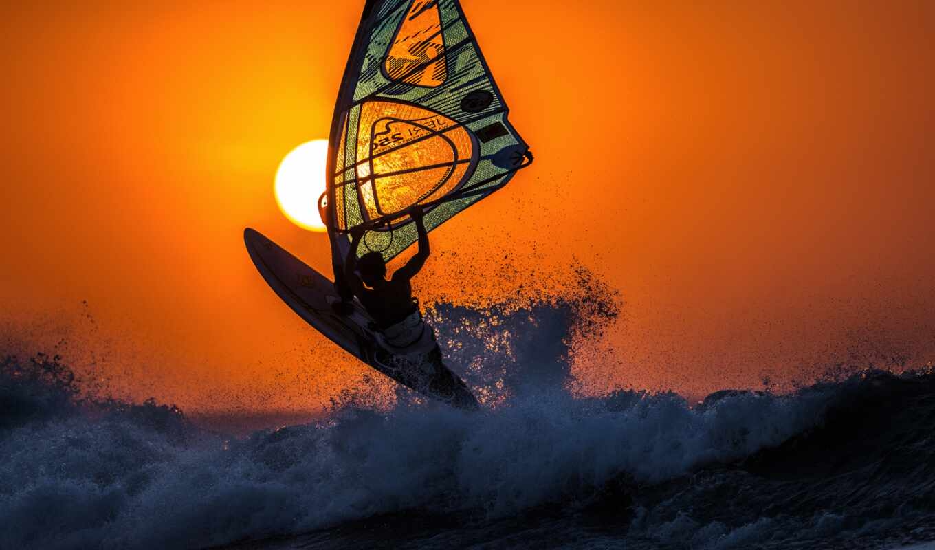 girl, picture, sun, sunset, sea, sport, surfing, waves, windsörfing, dawn, windserfing