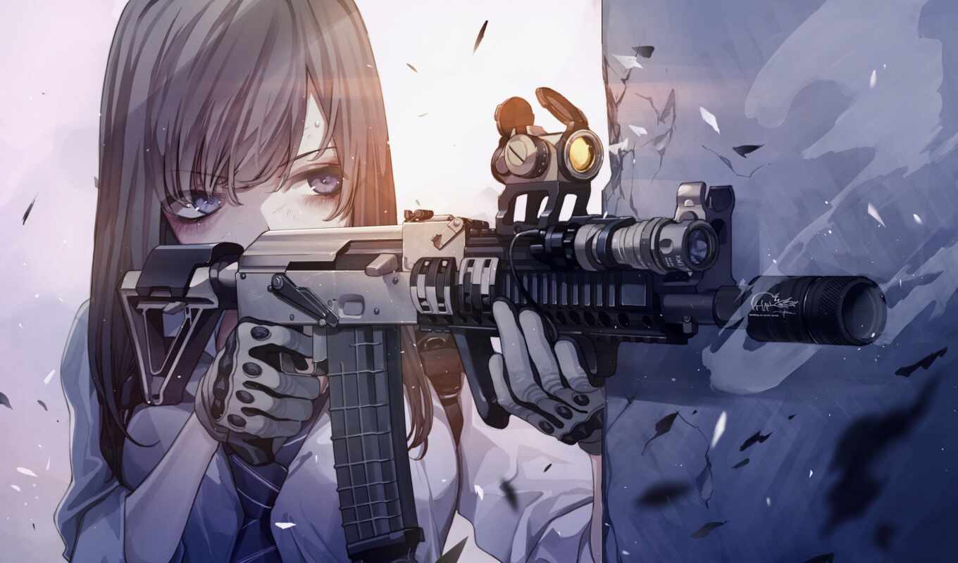 девушка, anime, винтовка, drawing